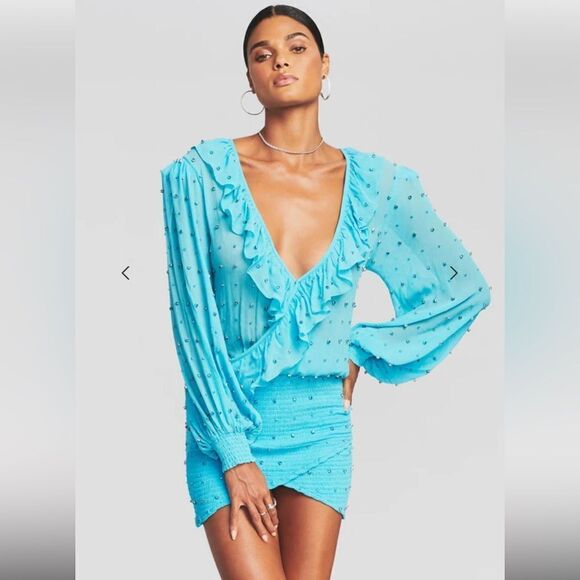 Retrofete Lennon Dress embellished smocked mini chiffon rhinestone acqua blue M - Picture 1 of 15